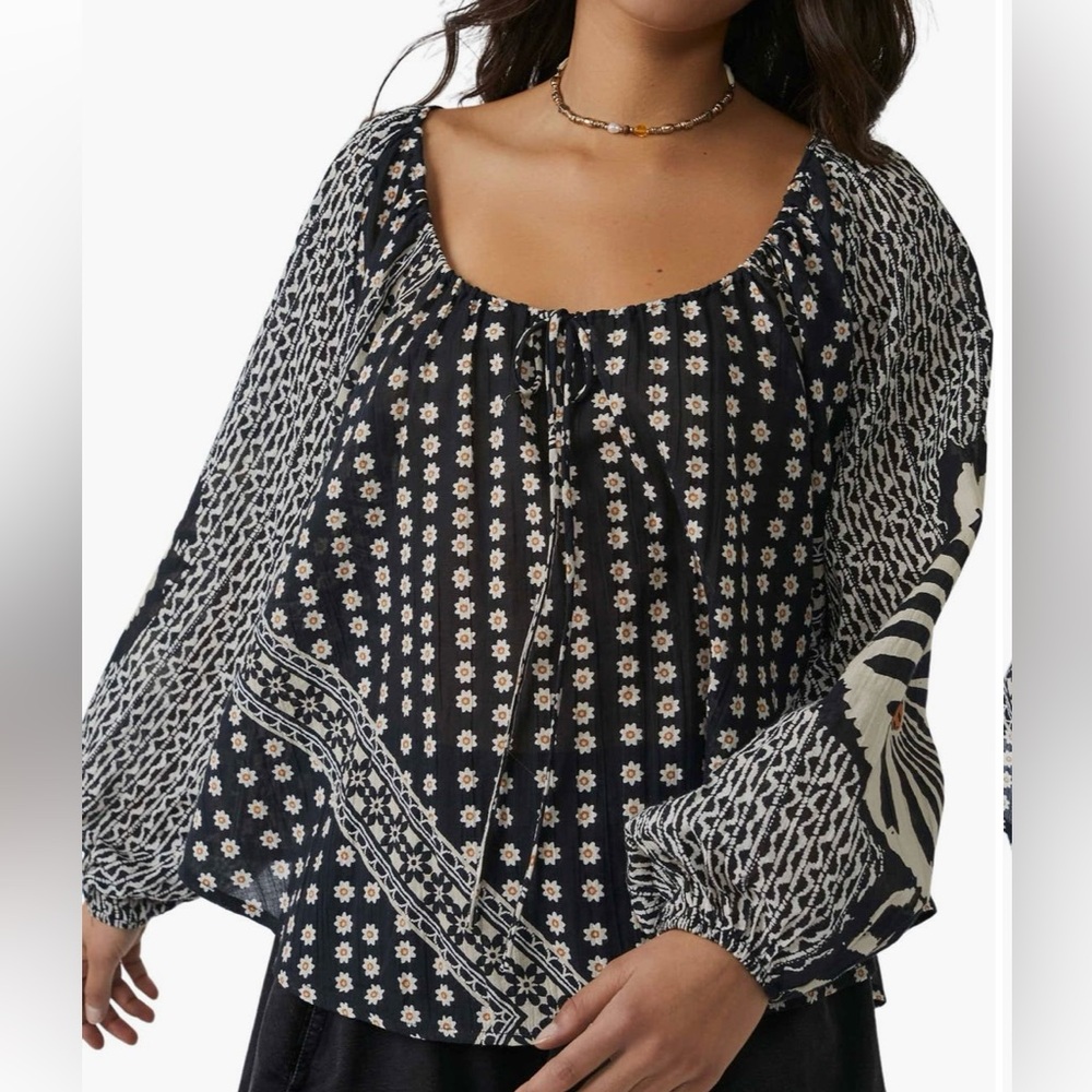 Free People Navy and White Patterned Blouse
